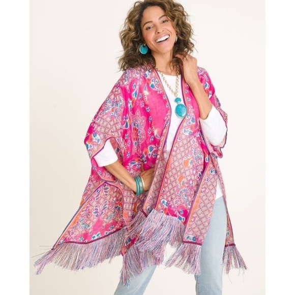 Chico's Blue and Pink Kimono with Fringe Detail - Picture 14 of 14